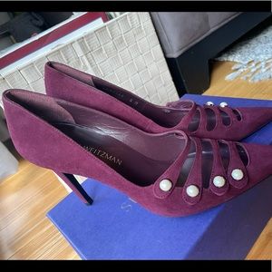 Bordeaux suede Weitzman heels with pearl detail